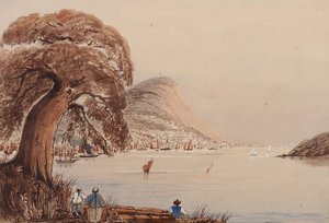 Uitzicht op een kuststad met boom en figuren op de voorgrond