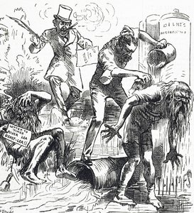 Cartoon die de Theems en de Lea Rivieren toont die worden aangevallen vanwege hun vuile toestand door Harry Furniss