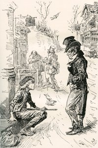 Oliver ontmoet The Artful Dodger. "Hullo, mijn vriend, wat is er aan de hand?" zei deze vreemde jonge heer tegen Oliver. "Ik ben erg hongerig en moe," antwoordde Oliver; de tranen stonden in zijn ogen terwijl hij sprak. "Ik heb een lange weg gelopen. Ik he door Harry Furniss