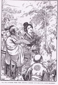 Alle verdorde bomen waren meteen bedekt met prachtige kersenbloesem (The Old Man who made Withered Trees Blossom) (litho) door Harry George Theaker