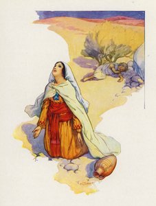 Hagar legde het kind in de schaduw van een struik (kleurenlitho) door Harry George Theaker