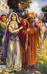 "Hij zag Izaäk de Jood en zijn lieftallige dochter Rebecca" (kleurenlitho) door Harry George Theaker