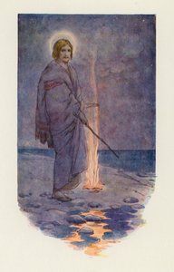 Jezus stond aan de oever (kleurenlitho) door Harry George Theaker