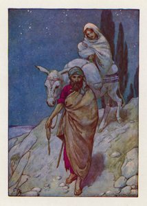 Jozef stond op en nam het jonge kind en zijn moeder bij nacht en vertrok naar Egypte (kleurenlitho) door Harry George Theaker