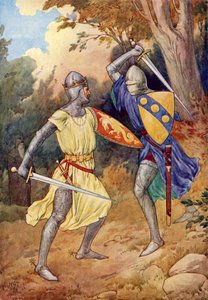 Koning Arthur vecht met de onbekende ridder (kleurenlitho) door Harry George Theaker