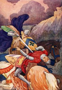 Koning Arthur steekt zijn vijand door de borst (kleurenlitho) door Harry George Theaker