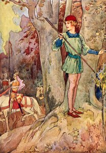 Perceval ziet drie ridders van de Ronde Tafel (kleurenlitho) door Harry George Theaker