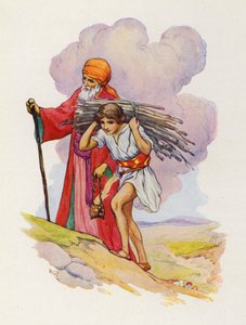 Zij aan zij beklommen Abraham en Isaac het steile pad (kleurenlitho) door Harry George Theaker