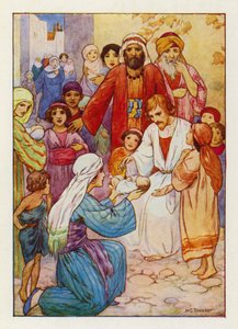 "Laat kleine kinderen tot Mij komen" (kleurenlitho) door Harry George Theaker