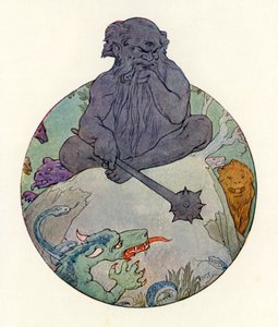 De Grote Zwarte Reus fronste zijn wenkbrauwen naar Sir Gawaine (kleurenlitho) door Harry George Theaker