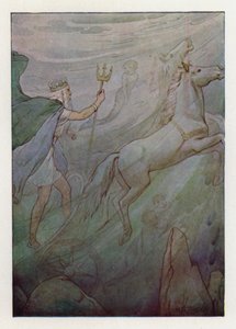 De zeekoning in zijn fonkelende strijdwagen, getrokken door groene paarden (kleurenlitho) door Harry George Theaker