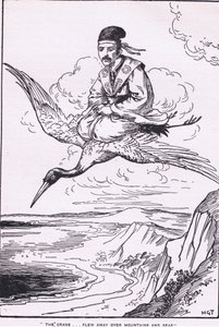 De kraanvogel vloog weg over bergen en zeeën (uit het verhaal van Sentaro) (litho) door Harry George Theaker