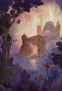 De grote donjon vlamde op, een vuurzuil die mijlenver zichtbaar was (kleurenlitho) door Harry George Theaker
