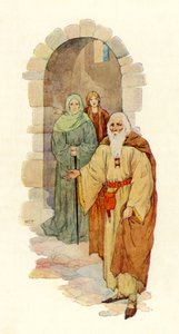 De oude man nodigt de ridder uit in het verwoeste paleis (kleurenlitho) door Harry George Theaker