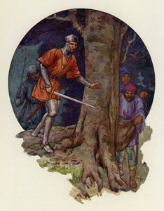 "Eindelijk de vogelvrijen!" riep de sheriff, en met getrokken zwaard rende hij naar de plek waar de figuren waren verdwenen (kleurenlitho) door Harry George Theaker