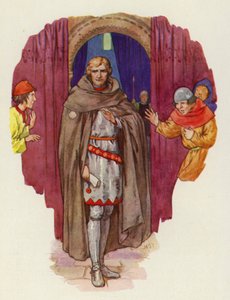 De palmer wierp zijn kap terug en zijn gewaad ging open en toonde hem in vol ornaat (kleurenlitho) door Harry George Theaker
