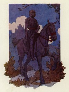 De vreemde ridder kwam op hen af, rijdend op een groot zwart paard en geheel in het zwart gewapend (kleurenlitho) door Harry George Theaker