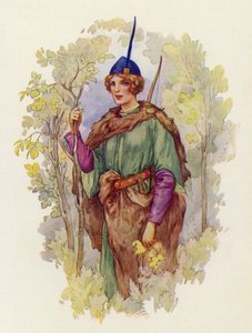 Er was geen vrouw in de Midlands die zo eerlijk en liefdevol was als Maid Marian voor Robin Hood (kleurenlitho) door Harry George Theaker