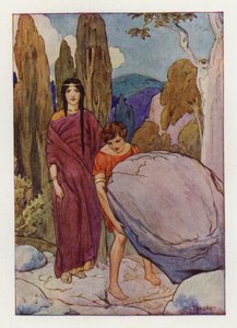Theseus die de grote rots opheft waaronder het zwaard en de sandalen liggen (kleurenlitho) door Harry George Theaker