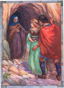 Ze kwamen bij een grot aan zee (van Diarmud en Grania) (kleurenlitho) door Harry George Theaker
