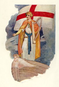 Onder een kruis stond een man te staren (kleurenlitho) door Harry George Theaker