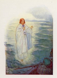 Lopend op de golvende zee zagen de vissers de figuur van Jezus (kleurenlitho) door Harry George Theaker