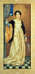 Vrouw met pauwenwaaier (aquarel) door Harry George Theaker