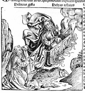 Elia stijgt op in een vurige wagen, zijn landgoed achterlatend aan Elisa. Hartmann Schedel: Kroniek van Neurenberg. Neurenberg 1497 door Hartmann Schedel