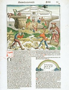 De bouw van de ark van Noach, beschrijving van de activiteiten van scheepsbouwers door Hartmann Schedel