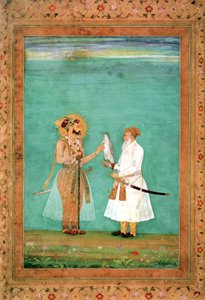 Keizer Shah Jahan en een oudere hoveling met een valk, c.1650