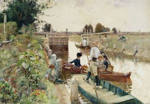 Bootvaarders in een sluis op de Theems door Hector Caffieri