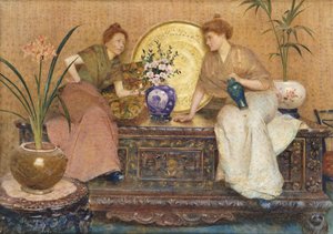 Twee dames zittend op een kist bij een Cairo-ware dienblad en een vaas met bloemen door Hector Caffieri
