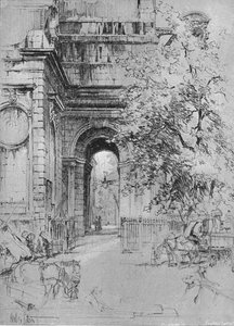 De oude ingang van de London Bridge onder de toren van St. Magnus