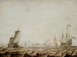 Een Wijdschip dat zeil strijkt in een woelige zee, midden 17e eeuw door Heerman Witmont