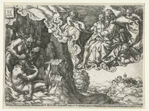 De rijke man in de hel ziet Abraham met Lazarus door Heinrich Aldegrever