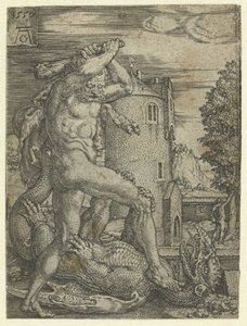 Hercules doodt de draak Ladon door Heinrich Aldegrever