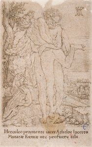 Hercules in gevecht met de riviergod Achelous, uit de serie:  De werken van Hercules (7) door Heinrich Aldegrever