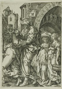 Lot en Zijn Familie Vluchten uit Sodom, uit Het Verhaal van Lot door Heinrich Aldegrever