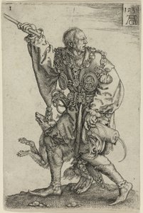 Ceremoniemeester met een hond, plaat één uit de Grote Bruiloftsdansers door Heinrich Aldegrever