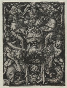 Ornamentontwerp met een masker, een paar tritons en twee kinderen hieronder