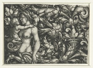 Ornament met bladranken en een vrouwelijke triton met kind door Heinrich Aldegrever