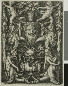 Ornamentaal Ontwerp met een Paar Satyrs, Kinderen en een Trofee