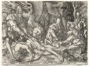 De Parabel van de Barmhartige Samaritaan: De Rovers Aanvallen de Reizigers door Heinrich Aldegrever
