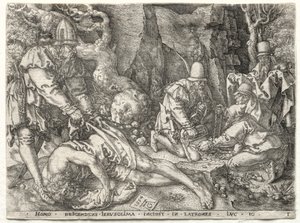 De gelijkenis van de barmhartige Samaritaan: De rovers die de reizigers aanvallen, 1554 door Heinrich Aldegrever