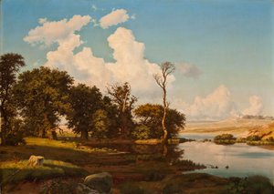 Deens: Deens landschap, eikenbomen aan een meer. Deens landschap, eikenbomen aan een meer.