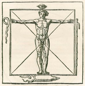 Man in een vierkant omringd door symbolen van het oog, slang, zeven sectie staf en schild. Gravure uit De occulta philosophia libri tres