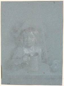 Een jongen aan een tafel met een appel en een beker in zijn handen door Heinrich Dittmers