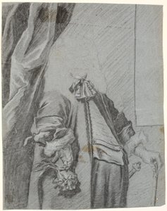 Studie voor een mannenportret, 3/4 figuur, rechterhand met handschoen, leunend op de zij, linkerhand leunend op stok door Heinrich Dittmers