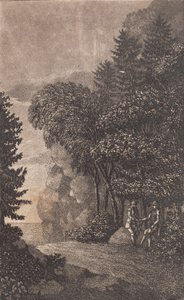 Landschap met rotsen en grote bomen, rechts twee mannen door Heinrich Grosch