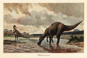 Hadrosauriërs of eendensnaveldinosauriërs die in een rivier eten